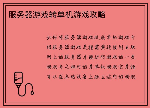 服务器游戏转单机游戏攻略