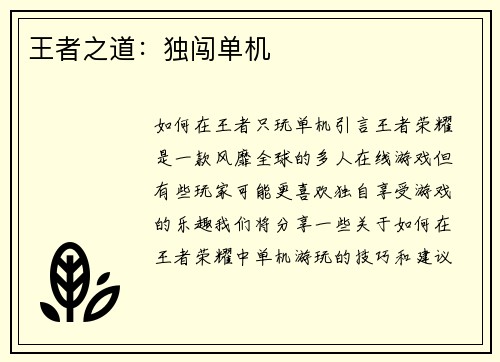 王者之道：独闯单机